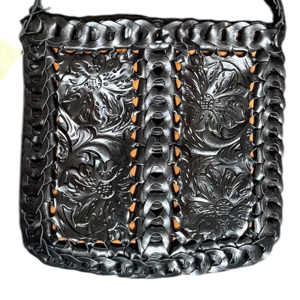 Patricia Nash Vaticci Tooled Leather Crossbody Bag Black Woven Chain Strap - Picture 3 of 9